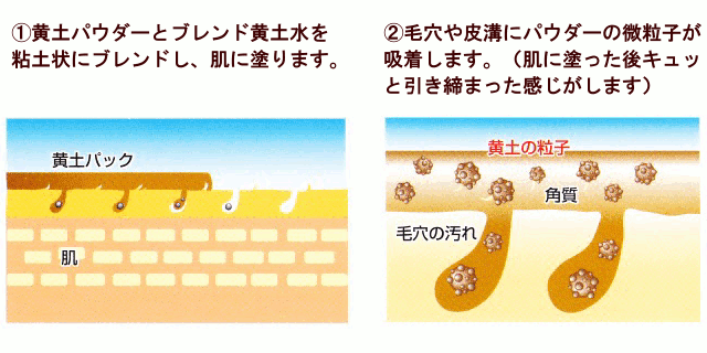 1.黄土パウダーとブレンド黄土水を粘土状にブレンドし、肌に塗ります。2.毛穴や皮溝にパウダーの微粒子が吸着します。