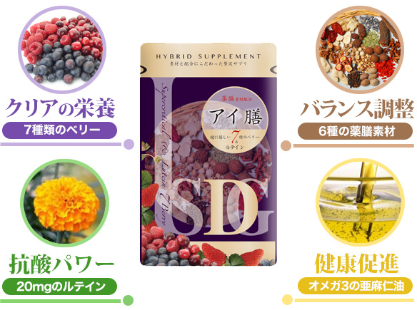 7種類のベリー!、6種類の薬膳素材!、20mgのルテイン!、オメガ3の亜麻仁油!